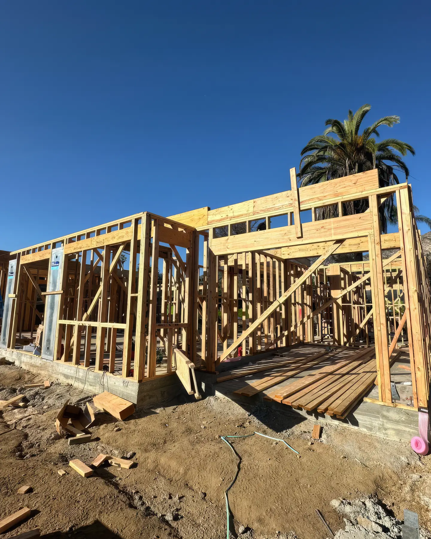 A two-storey house framed on a cleared lot, palms behind it