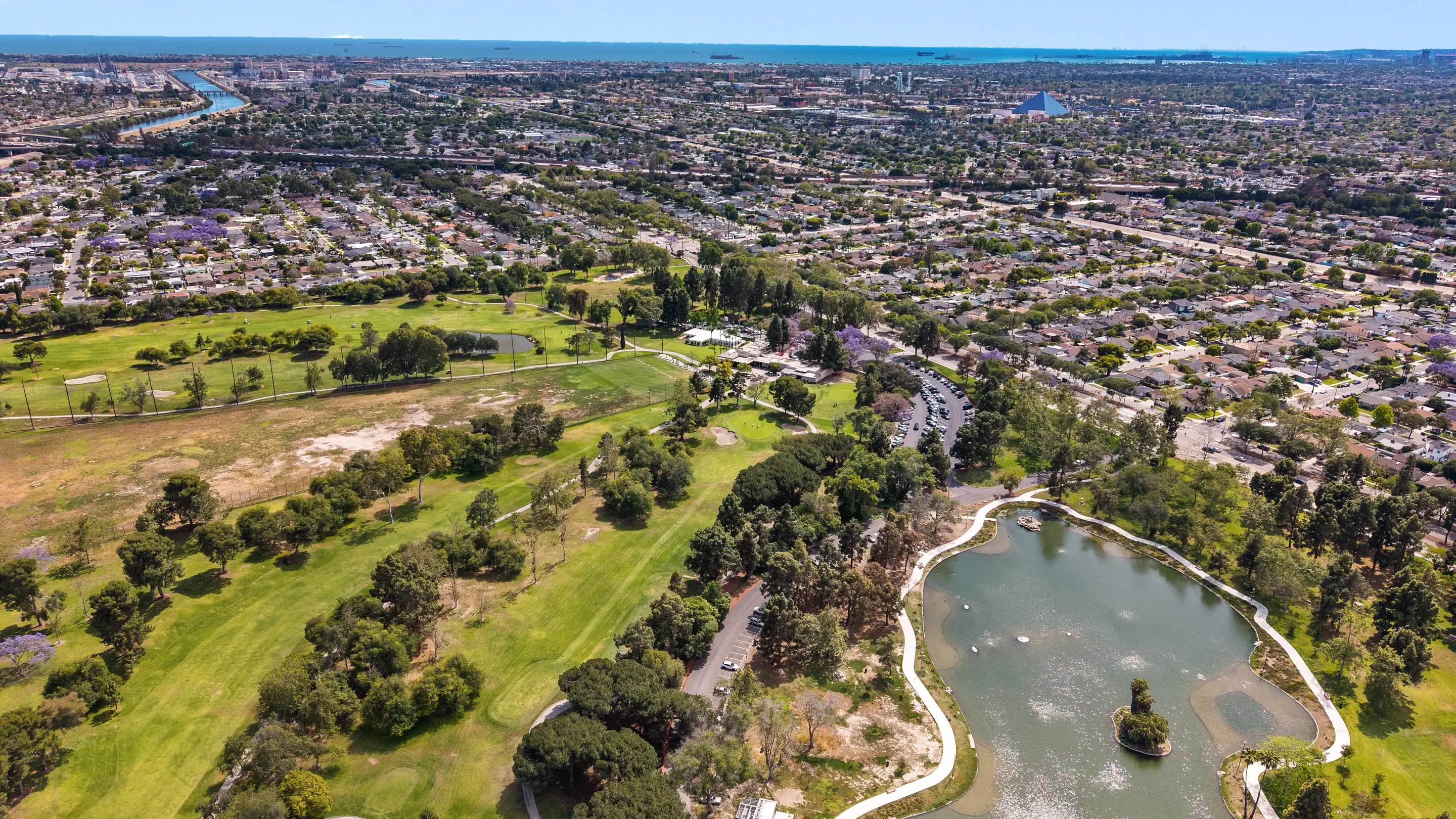 Aerial view over a residential neighbourhood and golf course